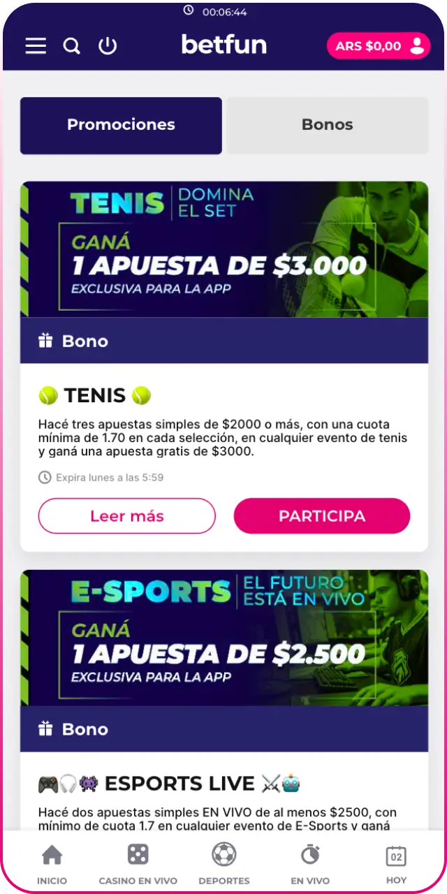 Consulta la interfaz de bonos en la app Betfun y activa tus promociones.