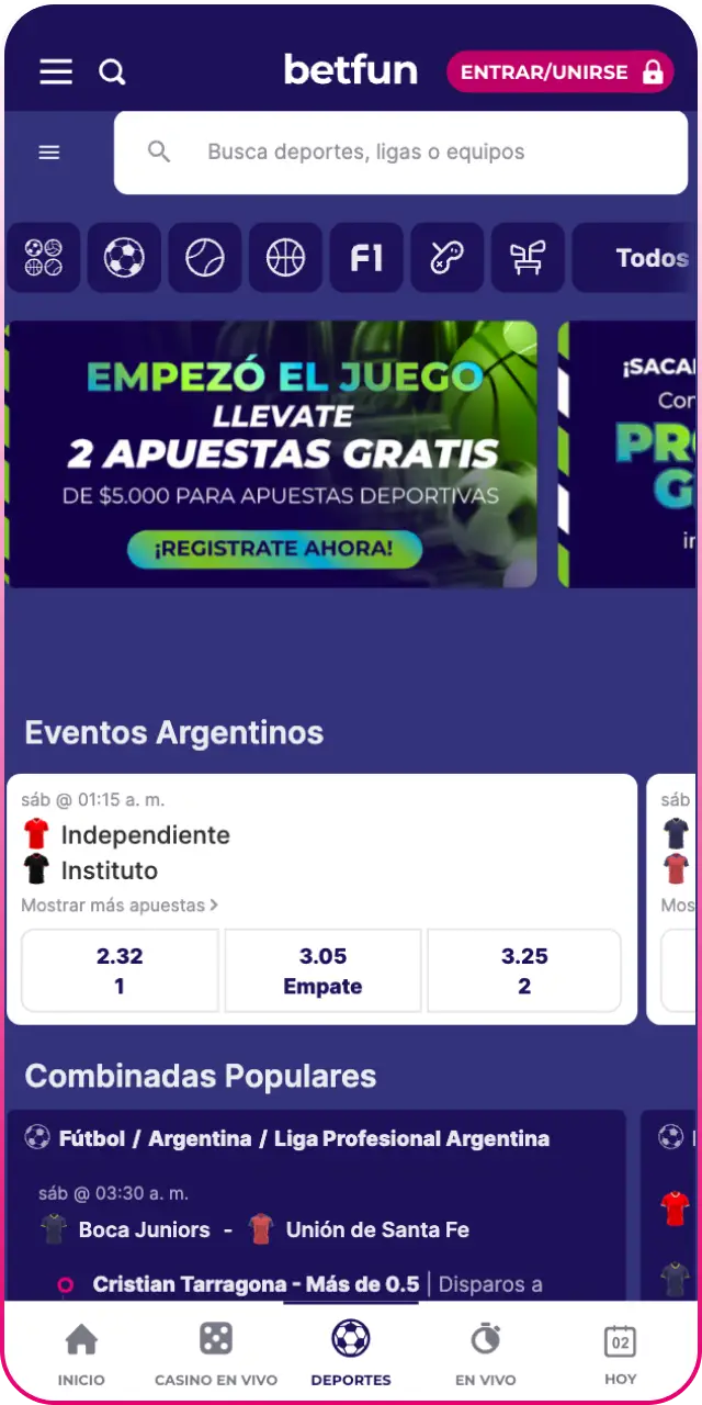 Revisa la interfaz de deportes en la app Betfun para realizar tus apuestas.