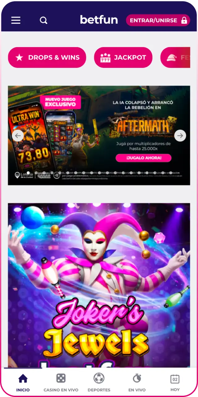 Descubre la interfaz de inicio en la app Betfun para navegar fácilmente.
