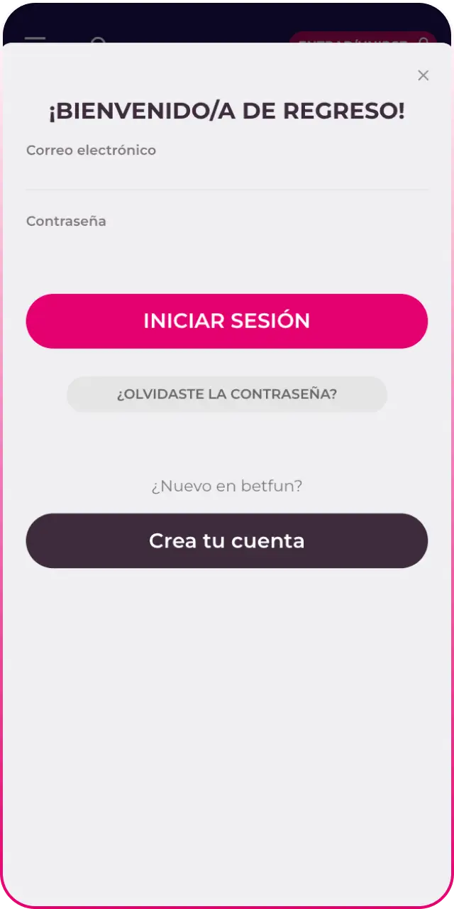Iniciá sesión con tus datos dentro de la app Betfun en tu iPhone o iPad.