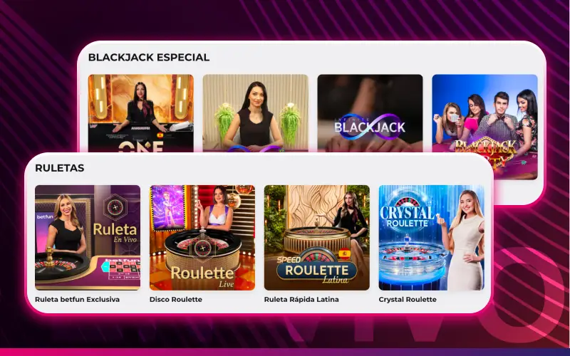 Vive la emoción de las mesas con crupieres en el casino en vivo de la app Betfun.