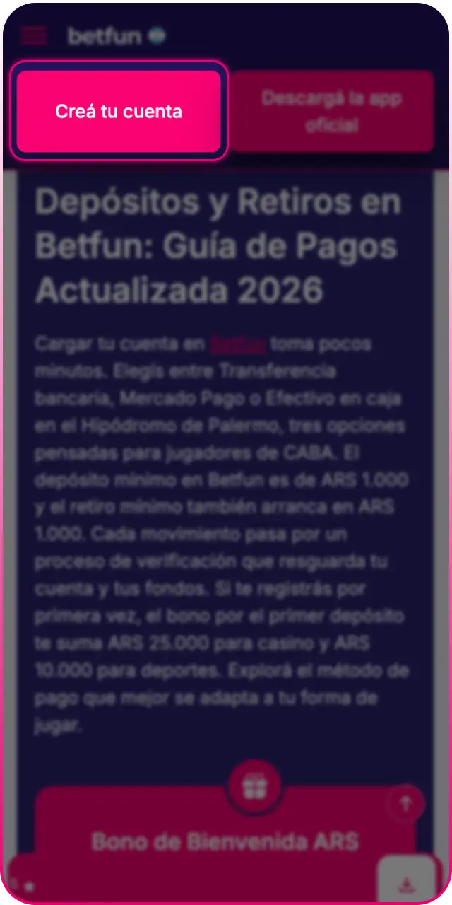 Hacé clic en Depositar dentro del menú para iniciar el proceso de depósito en Betfun.