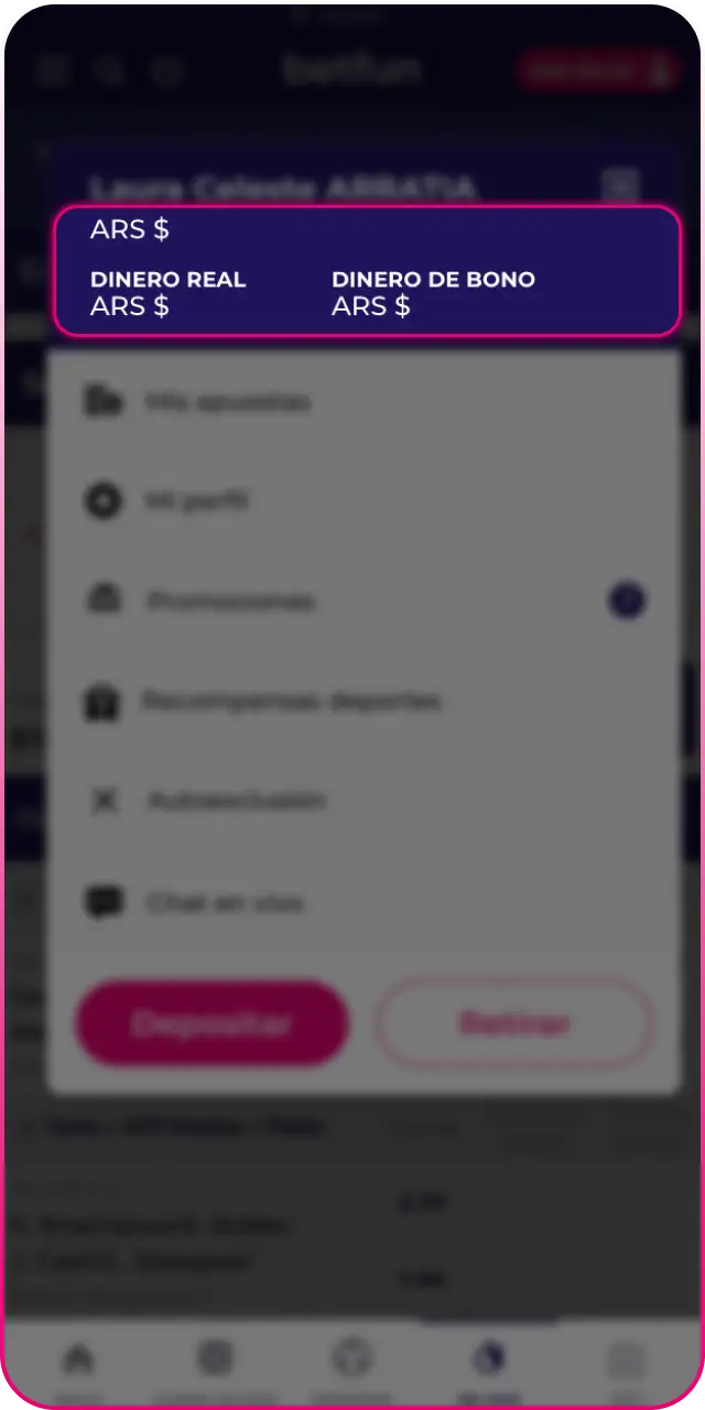 Revisá tu saldo actualizado para verificar que el depósito en Betfun fue exitoso.